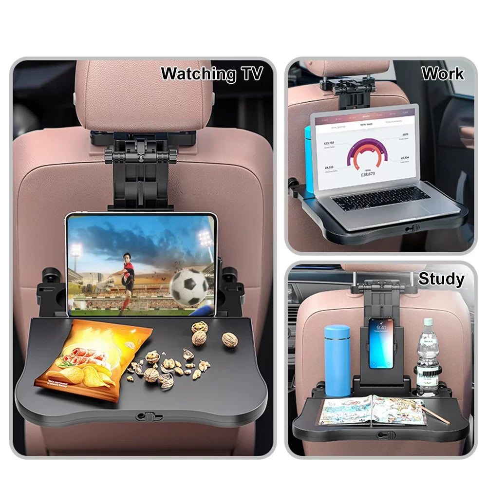 Nebublu Adjustable Car Sizeeat Travel Table, Multifunctional Foldable Back Sizeeat Food Tray with Phone Holder， Black