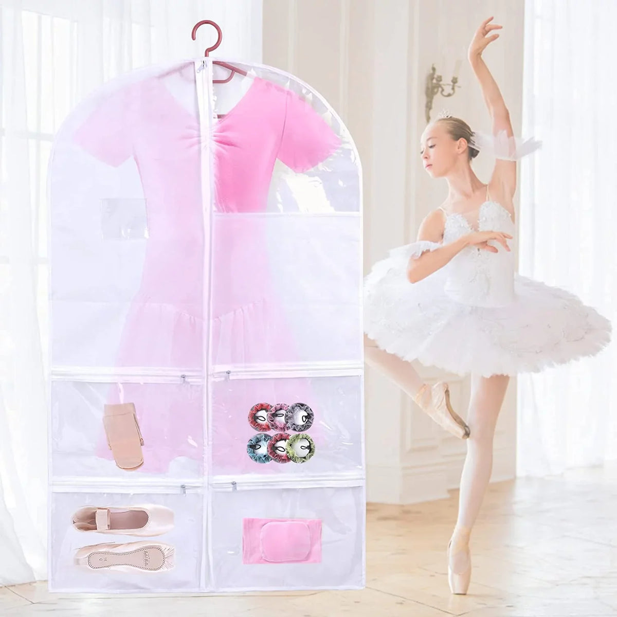 3 Pack Kids Garment Bags for Dance Costumes, Hanging Dance Garment Bag with Multiple Pockets, Clear Sizetorage Bags Organize Girls Dance Competitions Dress, Dance Recitals, Ballet Costume