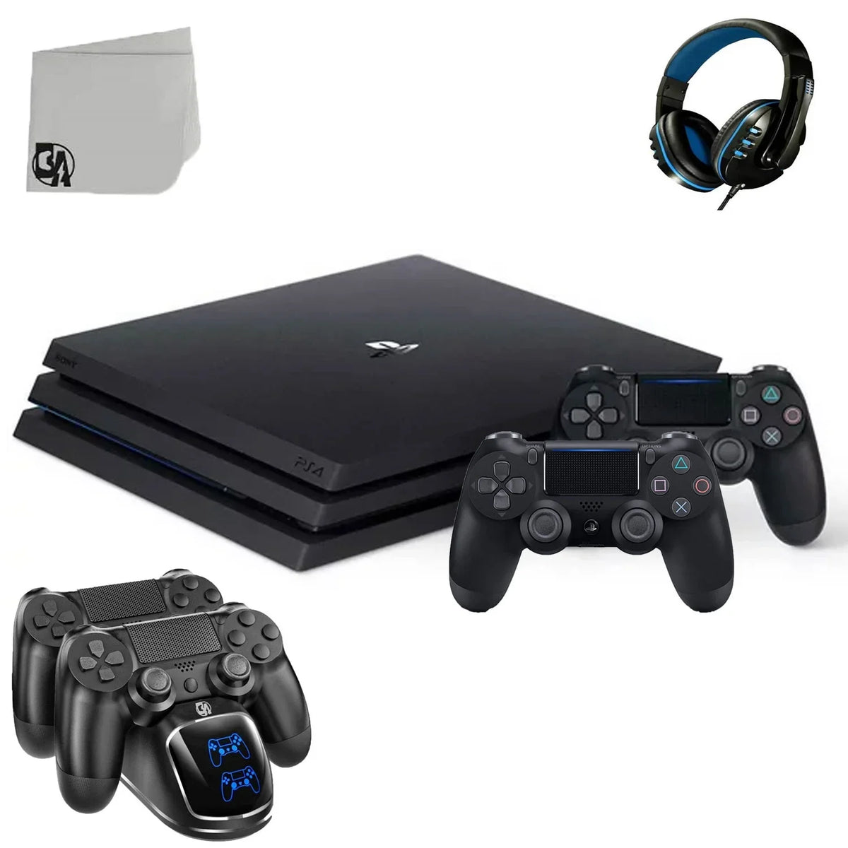 Sizeony PlaySizetation 4 Pro 1TB Gaming Console Black with Charging Dock Headset 2 Controller Bolt Axtion Like New