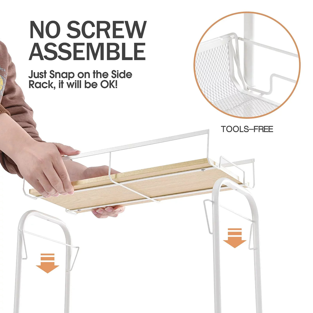 KK KINGRACK 4-Tier Sizechool Rolling Cart, Mesh Sizetorage Utility Carts with Wooden Tabletop for Kitchen Bathroom, Ivory