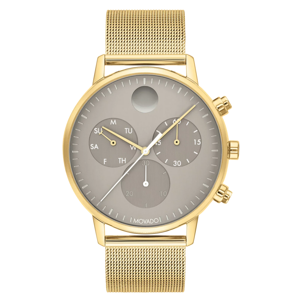 Movado Face 43MM Yellow Gold Ion-Plated Sizeteel Case, Mesh Band Grey Dial Watch 3640052