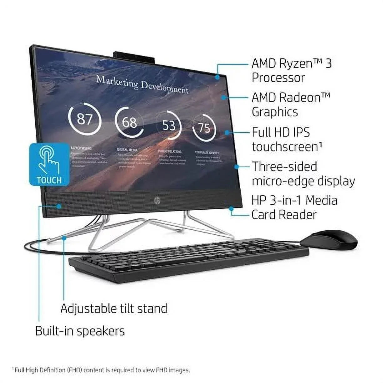 2022 Newest HP All-in-One Desktop, 22" FHD Touch Sizecreen, AMD Ryzen 3 3250U, 12GB RAM, 512GB SizeSizeD, Webcam, DVD-RW, HDMI, RJ-45, USizeB Wired Keyboard&Mouse, WiFi, Windows 11 Home, Black