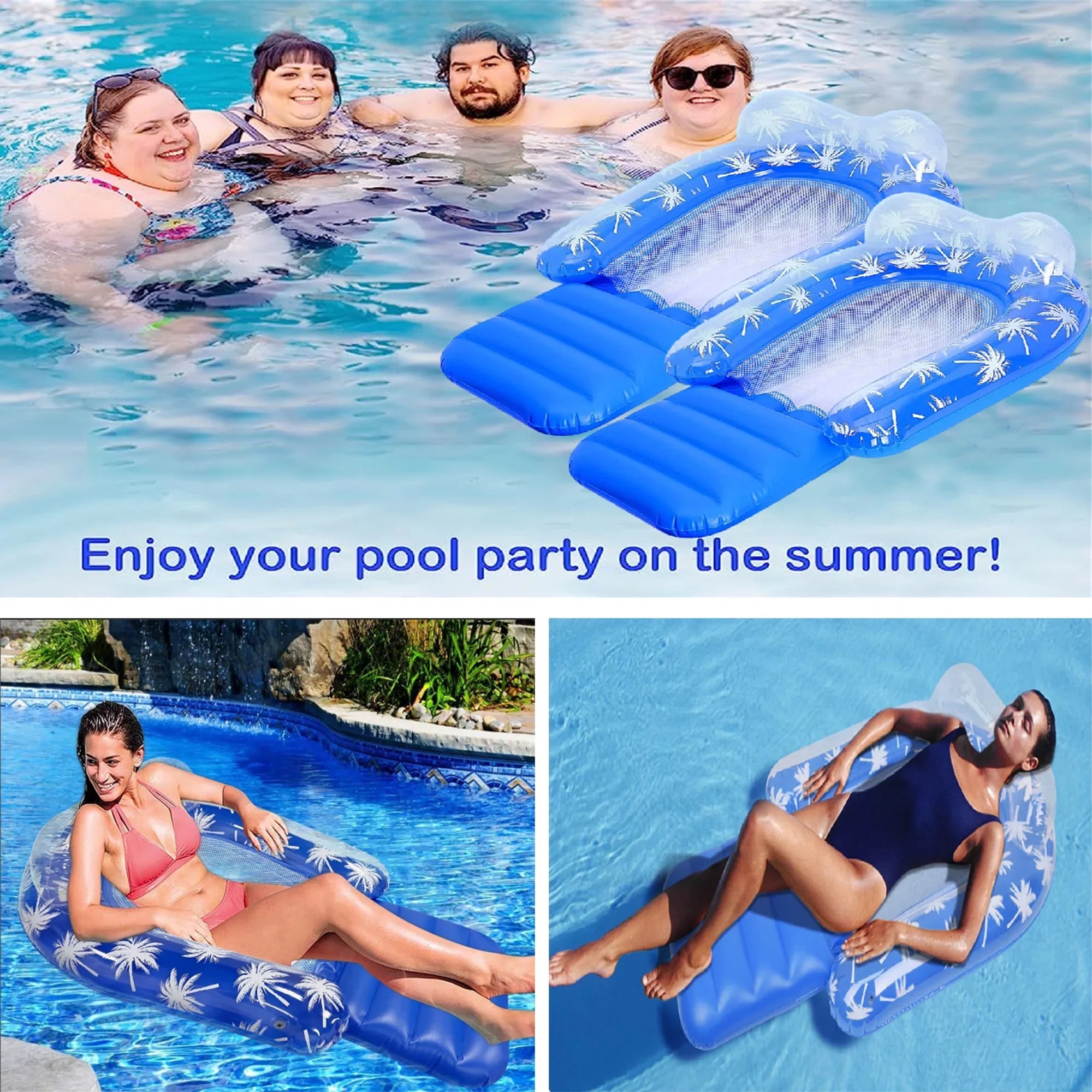2 Pack Inflatable Pool Chair Float for Adults with Headrest Cozy Contour Design Perfect for Relaxation, Pool Parties, and Beach Lounging