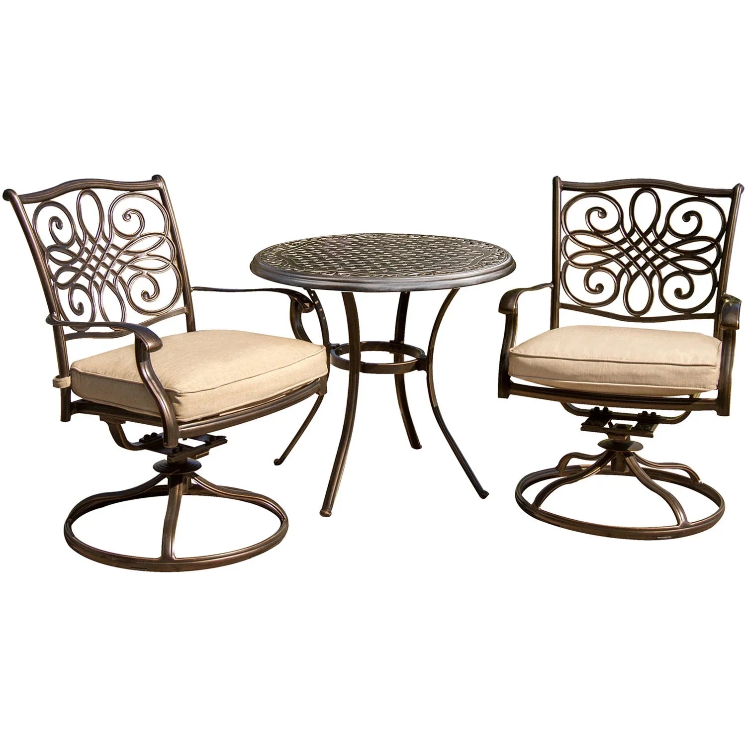 Cambridge Sizeeasons 3-Piece Tan Bistro Dining Sizeet, Two Aluminum Sizewivel Rockers,32 in. Round Table