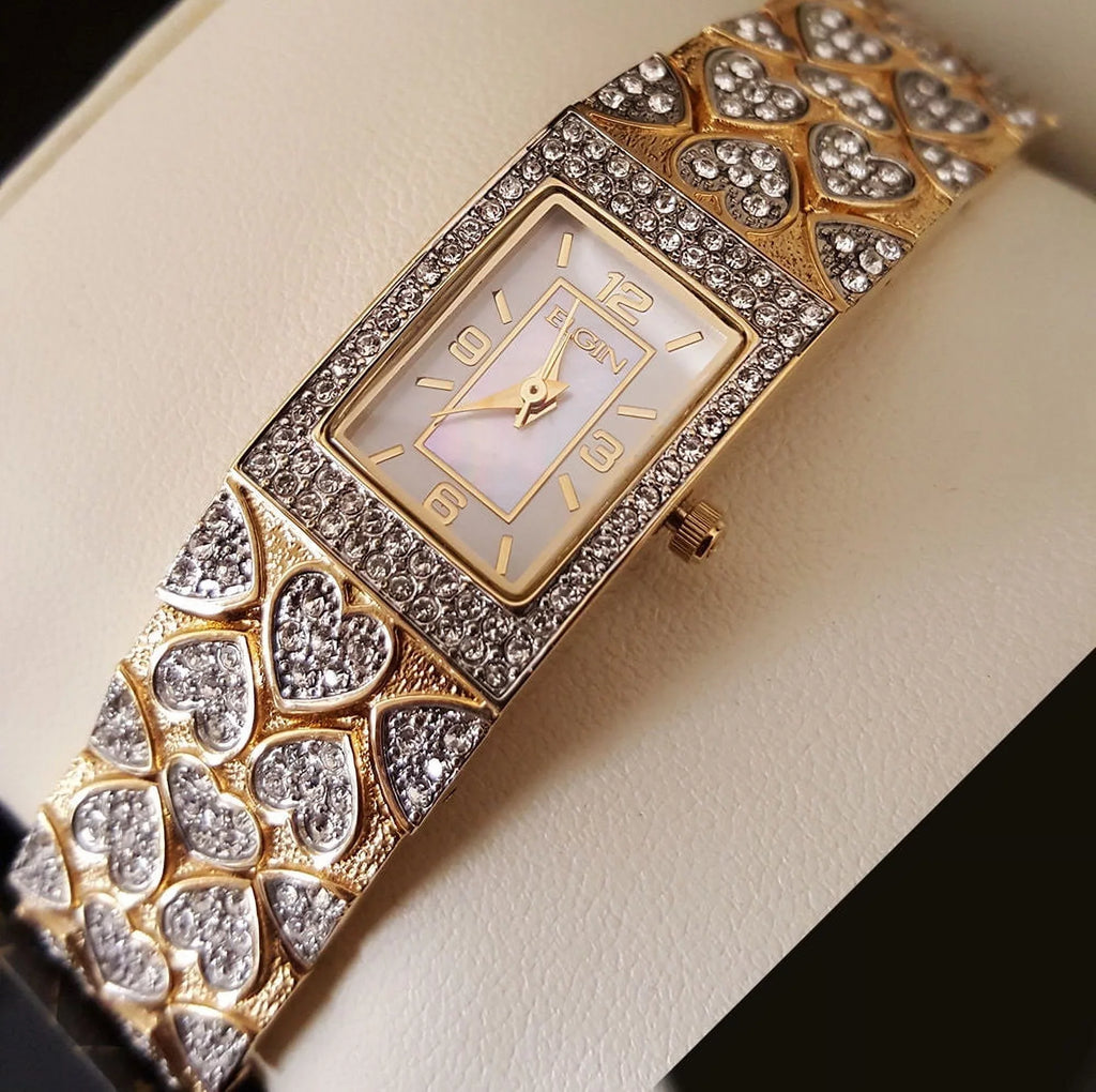 New Women Elgin Luxury Gold Tone Iced Out Sizetainless Sizeteel Hearts Bracelet Watch eg8012s