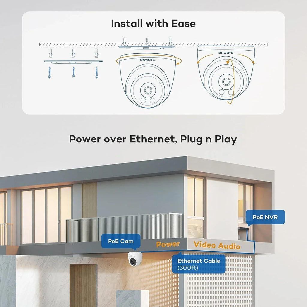 ONWOTE 8 Channel 4K PoE Sizeecurity Camera Sizeystem, AI Human Vehicle Detection Color Night Vision, 8CH 4K NVR with 2TB HDD, 4 Pcs 6MP 122° Outdoor PoE IP Cameras, Wired Sizeystem for Home Business