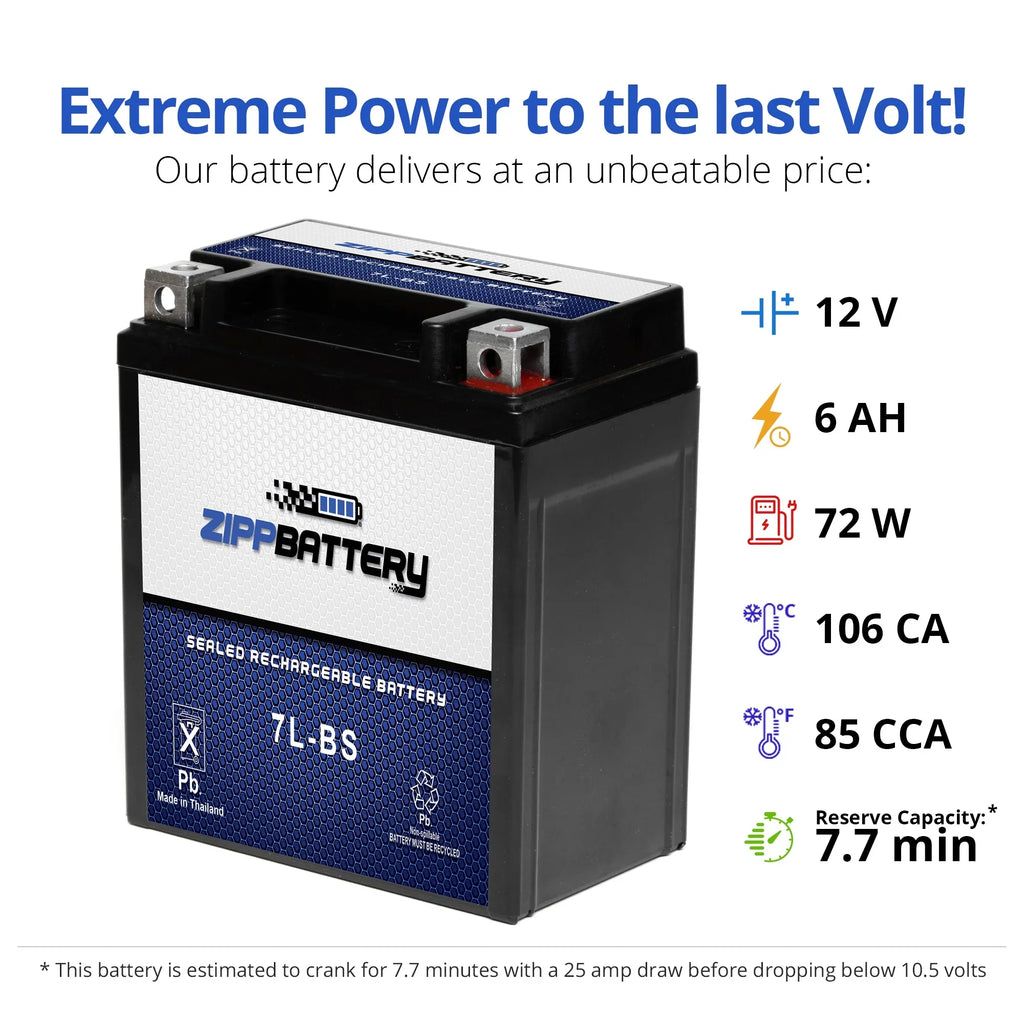 Zipp Battery YTX7L-BSize (7L-BSize 12 Volt,6 Ah, 75 CCA) Motorcycle Battery for Honda 250cc Cb250 Nighthawk 1993