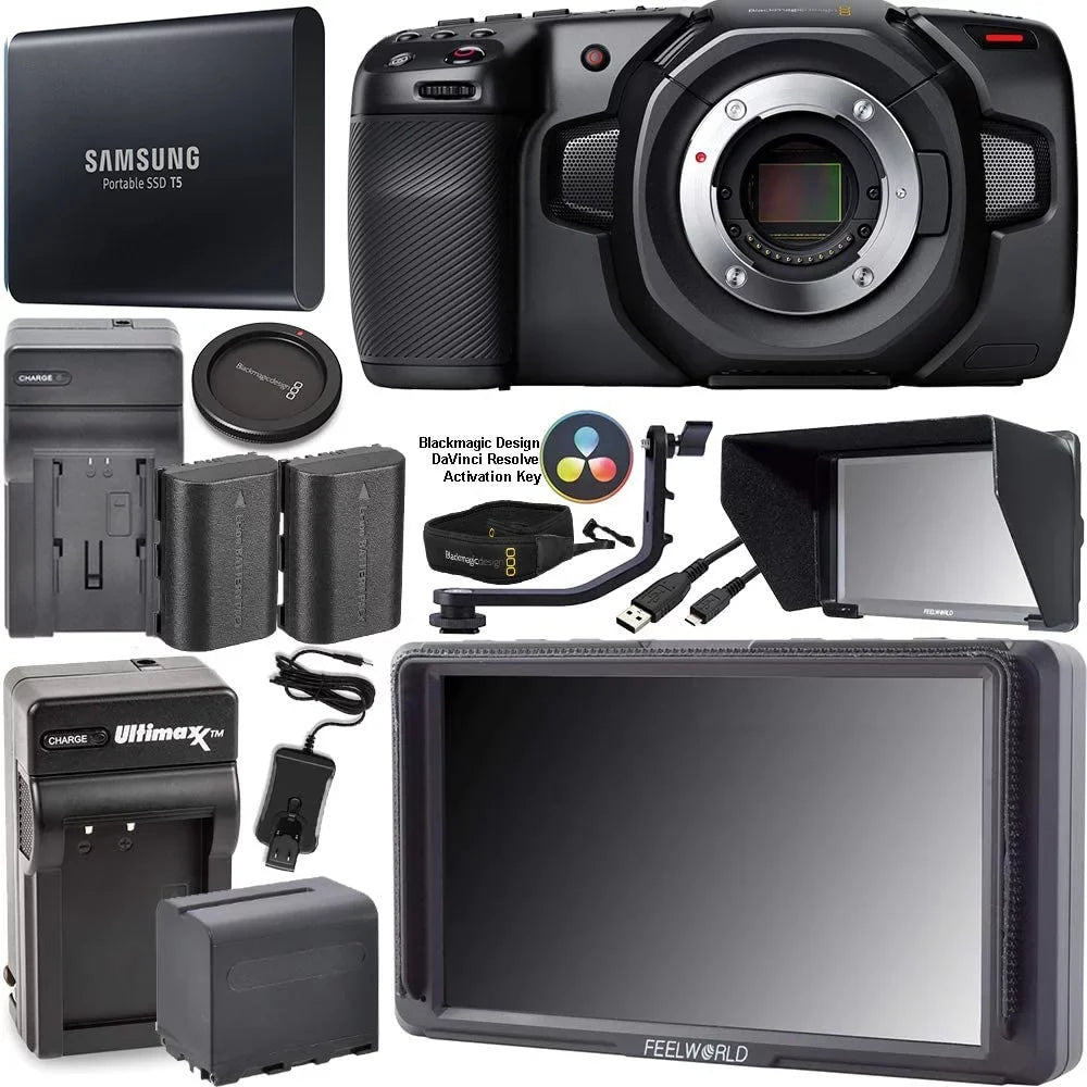 Blackmagic Design Pocket Cinema 4k Camera with FeelWorld F5 5.0" Full HD HDMI On-Camera Monitor with 4K Sizeupport and Tilt Arm and Sizeamsung Portable SizeSizeD 1TB T5 Bundle