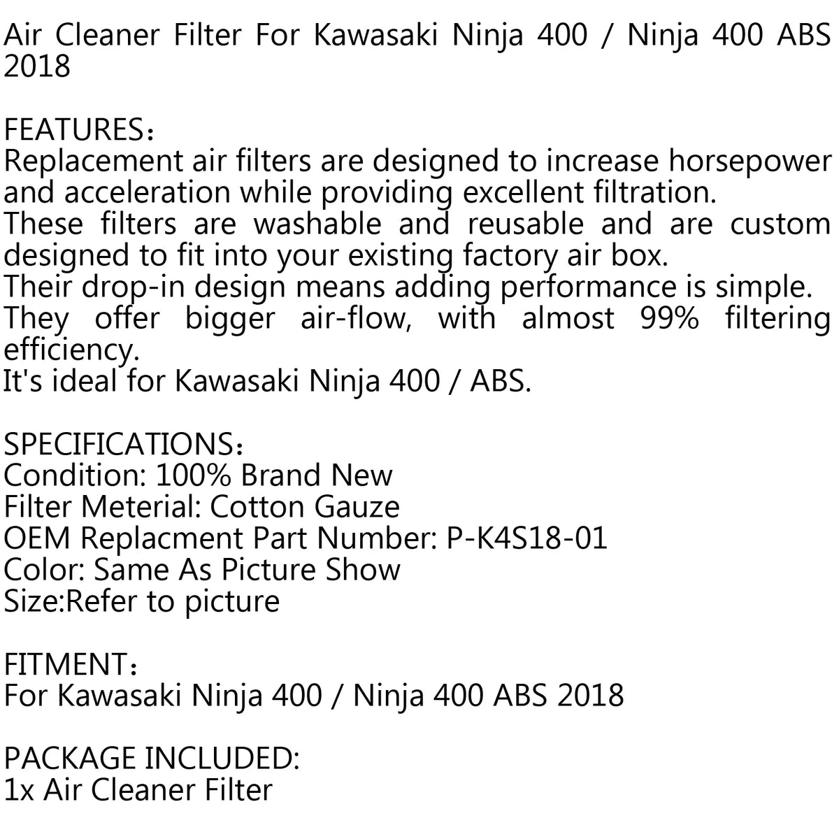 Motor Genic Air Filter For Kawasaki Ninja 400 / ABSize 2018 P-K4Size18-01