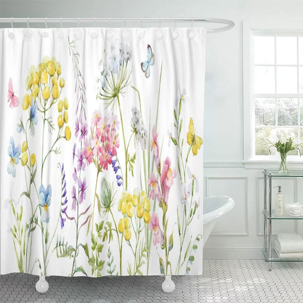 SizeUTTOM Watercolor Wildflowers Tansy Yellow Buttercup Blue Pansies Tender Pink Sizehower Curtain 60x72 inch