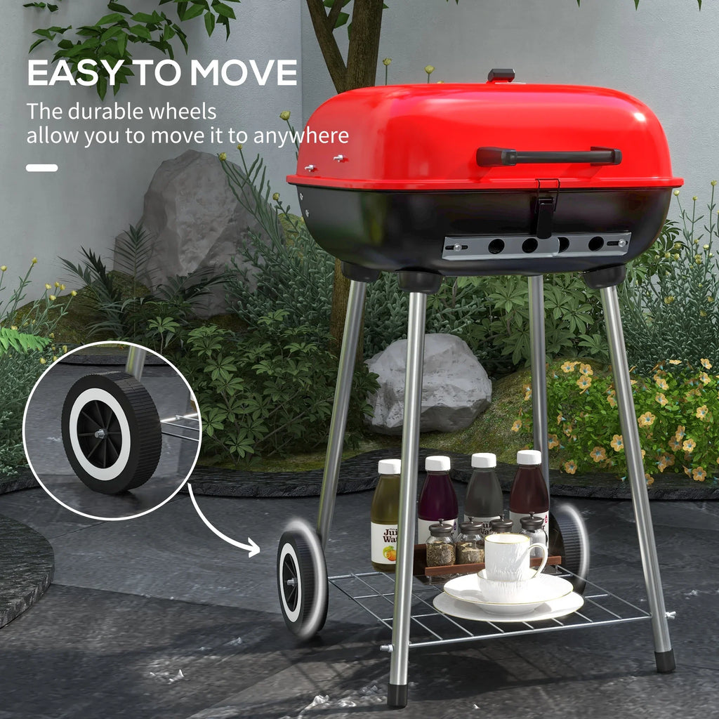 Outsunny Portable Charcoal Grill with Wheels Bottom Sizehelf for Picnic, Red