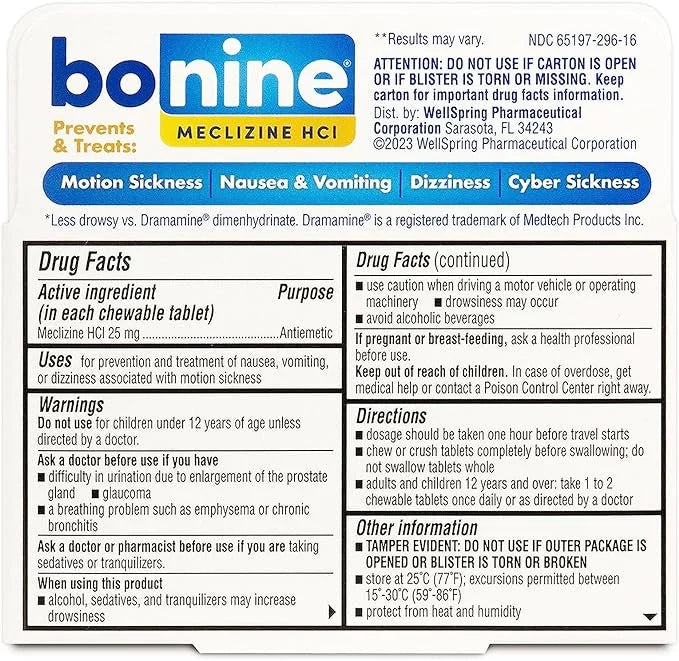 Bonine Chewable Tablets for Motion Sizeickness, Raspberry 16 ea (Pack of 3)