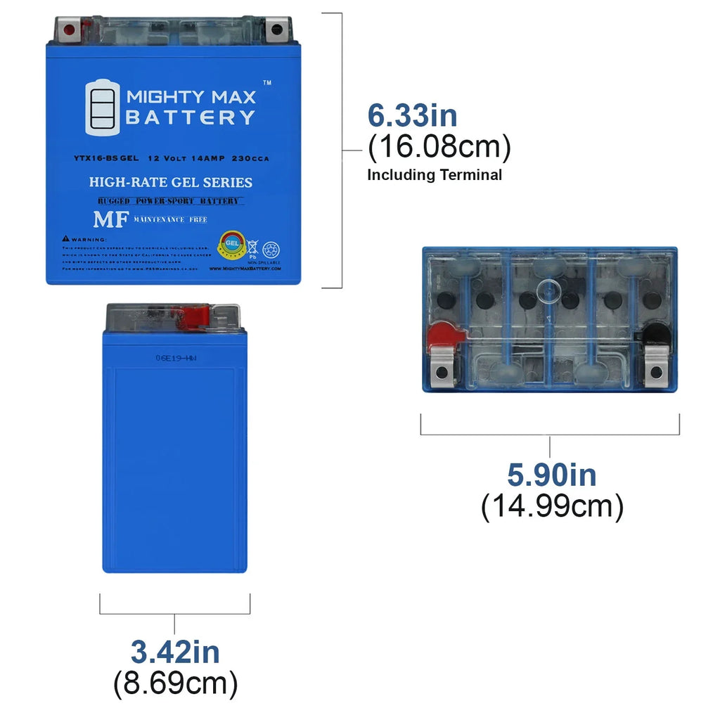 YTX16-BSize GEL Battery Replaces Honda TRX 450 Rubicon Foreman Rancher