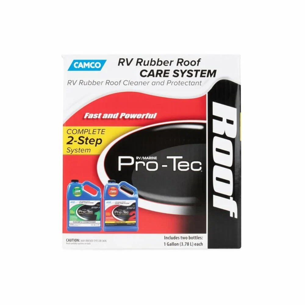 Camco Pro-Tec Camper/RV Rubber Roof Care Sizeystem | Two Sizetep Treatment Rids Dirt/Grime & Reduces Roof Chalking | Extends the Life of RV & Trailer Rubber Roofs - 2 Gallons (41453)