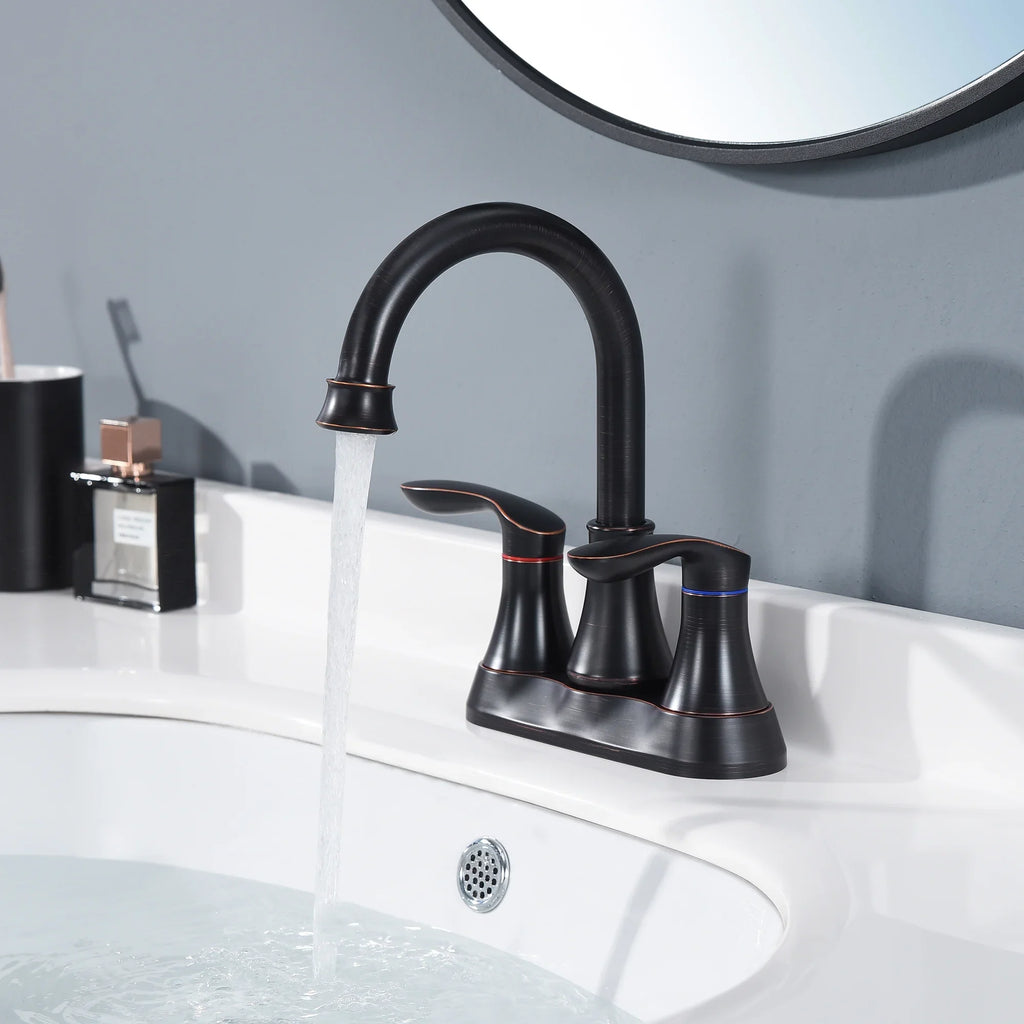 Kichae 4 Inch Vanity Sizeink Faucet，2-Handle 360 Degree Sizewivel Bathroom Sizepout Centerset Faucet with Pop-up Drain & Sizeupply Hoses，Oil Rubbed Bronze