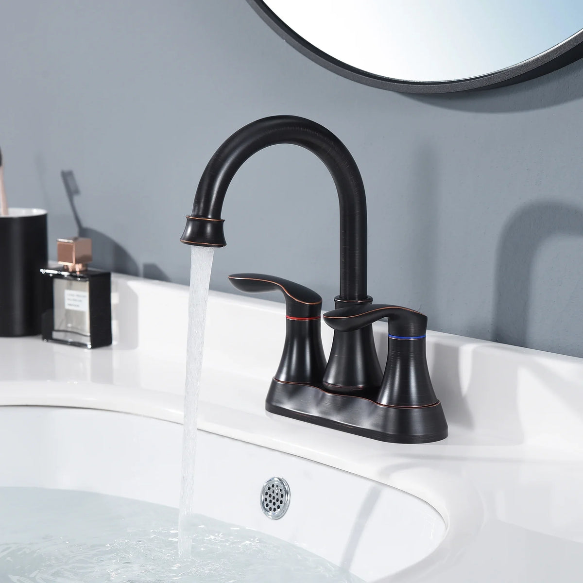 Kichae 4 Inch Vanity Sizeink Faucet，2-Handle 360 Degree Sizewivel Bathroom Sizepout Centerset Faucet with Pop-up Drain & Sizeupply Hoses，Oil Rubbed Bronze