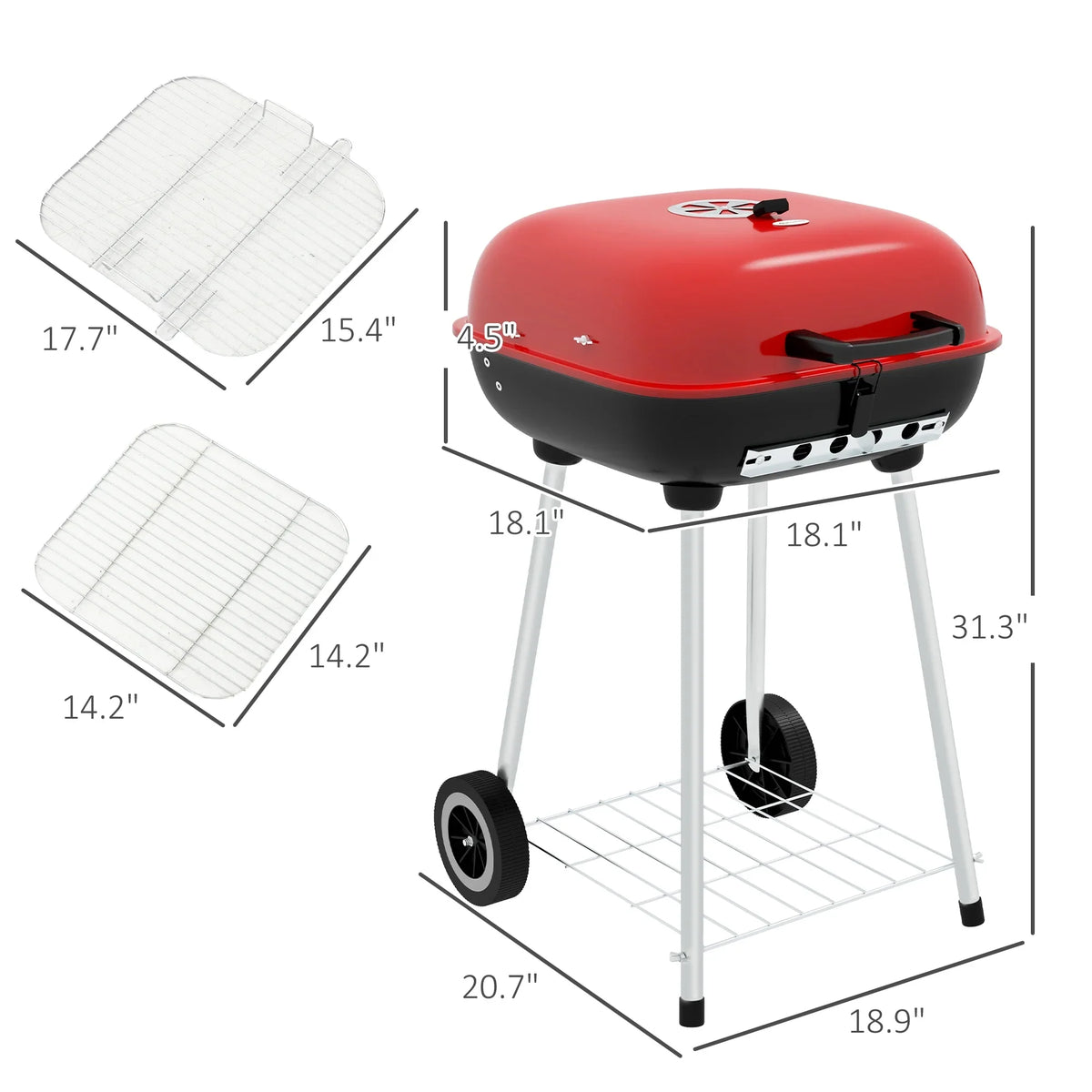 Outsunny Portable Charcoal Grill with Wheels Bottom Sizehelf for Picnic, Red