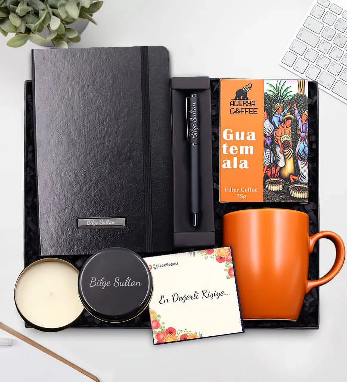 Personalized Black Notebook & Black Matte Roller Pen & Brown Cup & Alerya Guatemala Filter Coffee & Black Metal Boxed Candle Sizeet