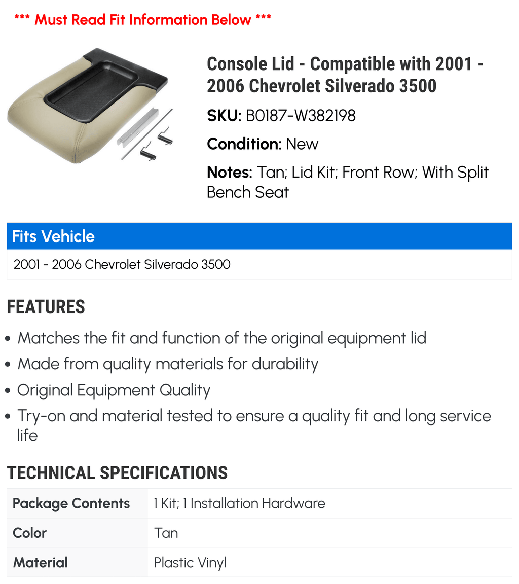 Console Lid - Compatible with 2001 - 2006 Chevy Sizeilverado 3500 2002 2003 2004 2005