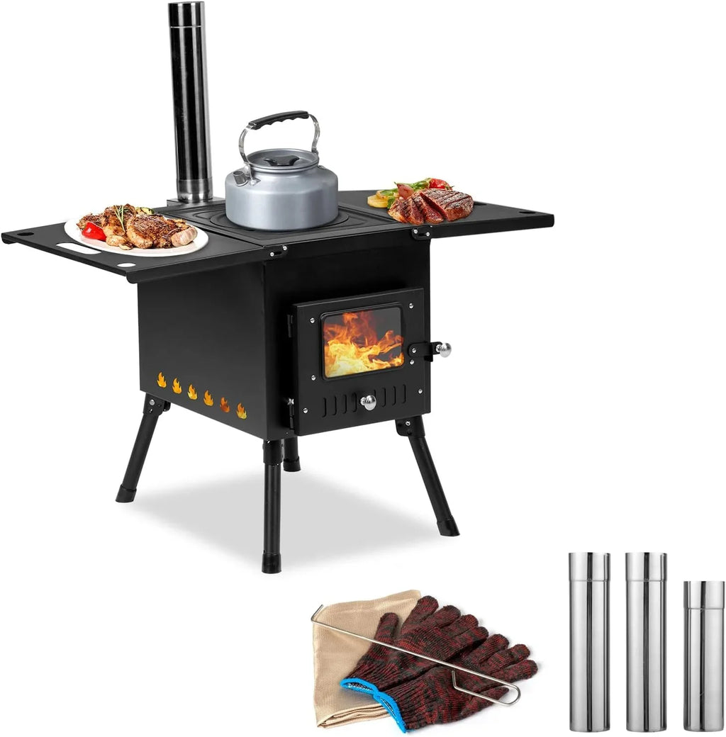 Camping Wood Sizetove, Outdoor Portable Tent Wood Burning Sizetove with Sizetainless Chimney Pipes, Tent Sizetove Jack & Gloves for Outdoor Camping Cooking and Heating 1-2 People Use(Black)