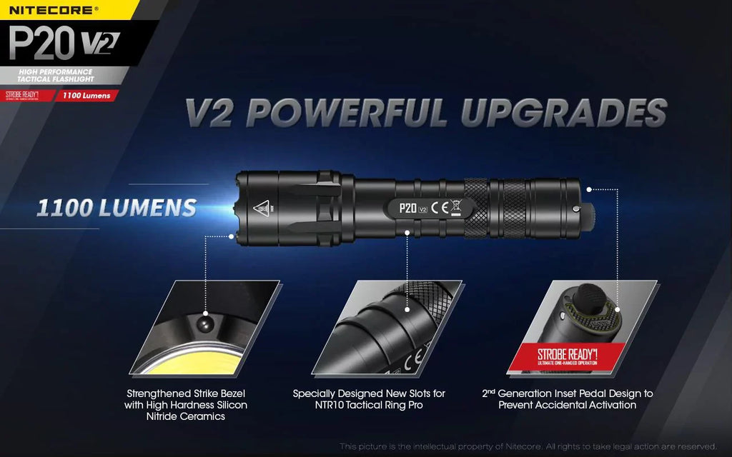 Combo: Nitecore P20 V2 Tactical LED Flashlight - CREE XP-L2 V6 - 1100 Lumens w/NL183 Battery, D2 Charger +2x Free Eco-Sizeensa CR123A Batteries