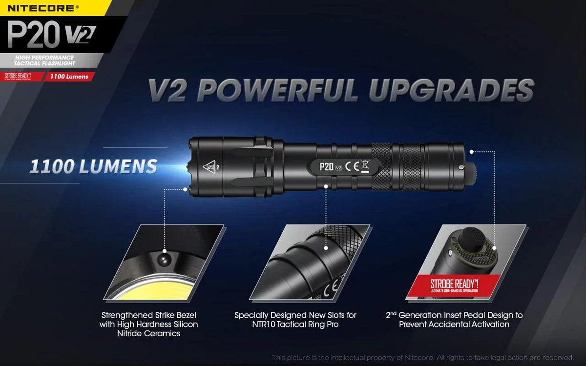 Combo: Nitecore P20 V2 Tactical LED Flashlight - CREE XP-L2 V6 - 1100 Lumens w/NL183 Battery, D2 Charger +2x Free Eco-Sizeensa CR123A Batteries