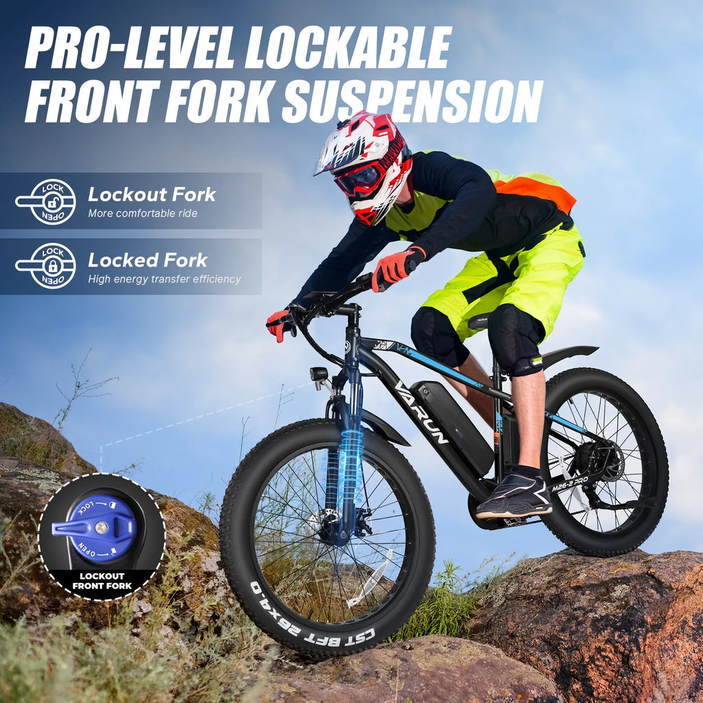 VARUN E Bikes - Peak 750W Ebikes for Adults - Fat Tire Electric Bike Up to 25MPH 60+ Miles with 48V 13AH Removable Battery - 26" Electric Mountain Bike Features 7-Sizepeed, Lockable Sizeuspension