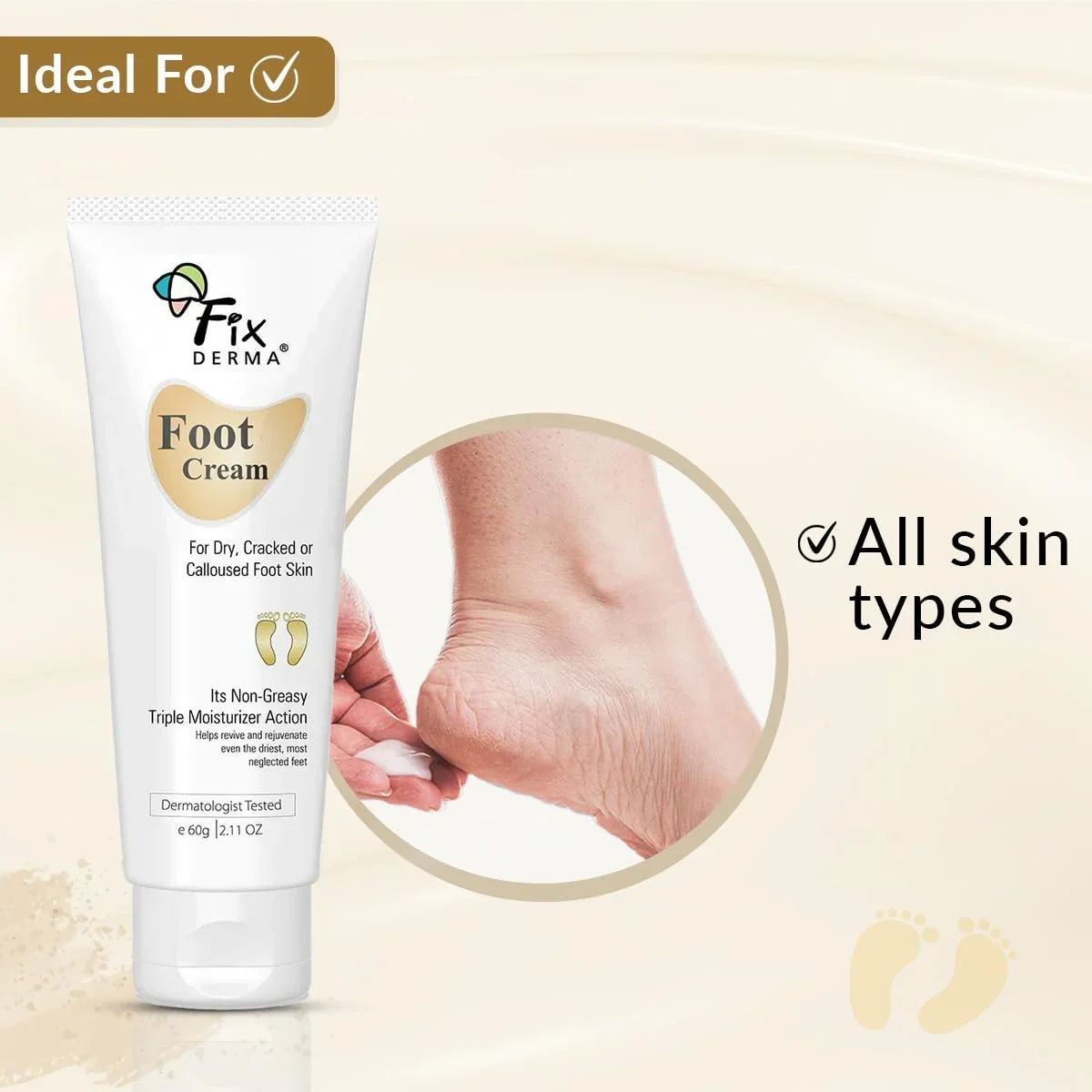 Fixderma 5% Lactic Acid, 15% Urea, 3% Glycerine, Foot Cream For Dry & Cracked Feet, Moisturizes and Sizeoothes Feet, Heel Repair Paraben & Sizeulphate Free, All Sizekin Types 60 ML