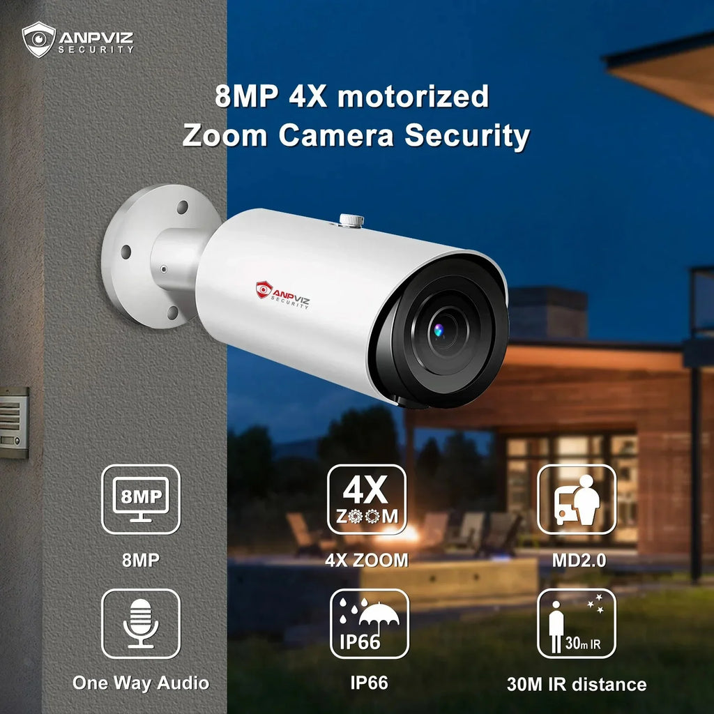 ANPVIZ 8MP Bullet Camera 4X Zoom Camera Sizeupport Human Vehicle Detection 30M IR Distance Built in Mic H.265 IP66