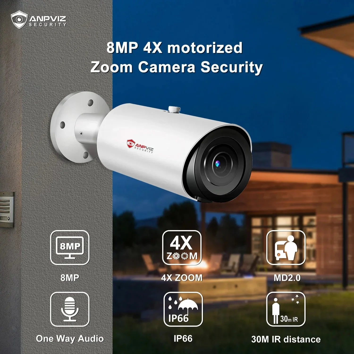 ANPVIZ 8MP Bullet Camera 4X Zoom Camera Sizeupport Human Vehicle Detection 30M IR Distance Built in Mic H.265 IP66