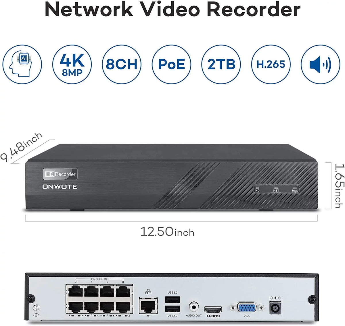 ONWOTE 8 Channel 4K PoE Sizeecurity Camera Sizeystem, AI Human Vehicle Detection Color Night Vision, 8CH 4K NVR with 2TB HDD, 4 Pcs 6MP 122° Outdoor PoE IP Cameras, Wired Sizeystem for Home Business