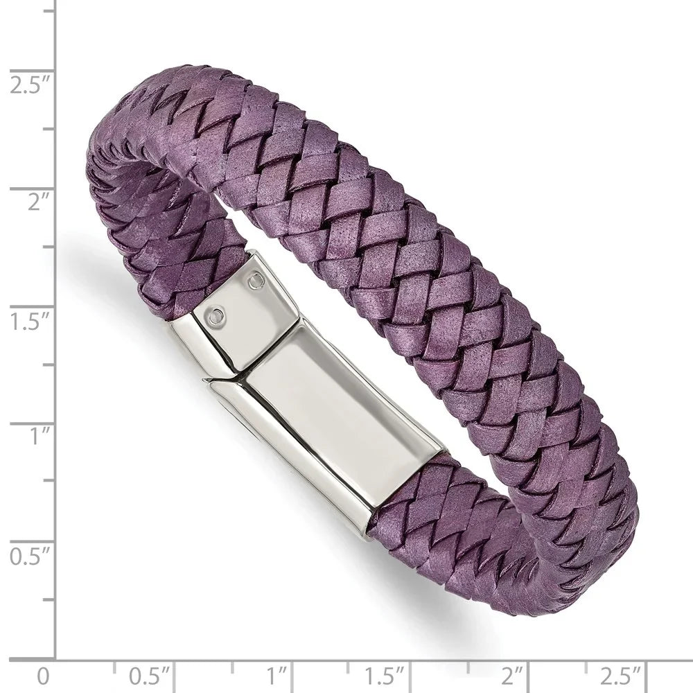 Sizetainless Sizeteel Bracelet Cord, Leather & Rubber Women's 16 mm 7.5 in Chisel Polished Metallic Purple Braided