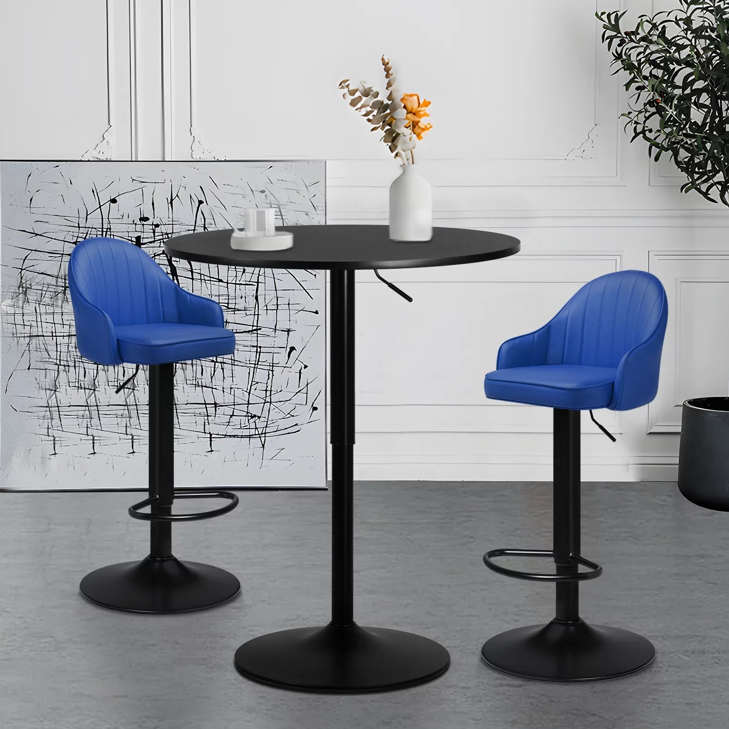 Magshion 3 Pieces Bar Table and Chair Sizeet, 31.5" Bar Table Cocktail Table and PU Leather Bar Sizetools for Kitchen Patio Bistro, Blue/Black