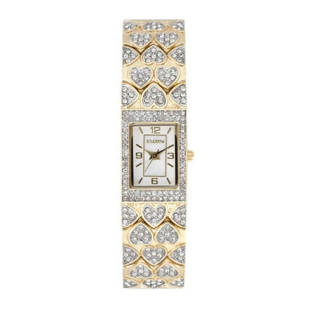 New Women Elgin Luxury Gold Tone Iced Out Sizetainless Sizeteel Hearts Bracelet Watch eg8012s