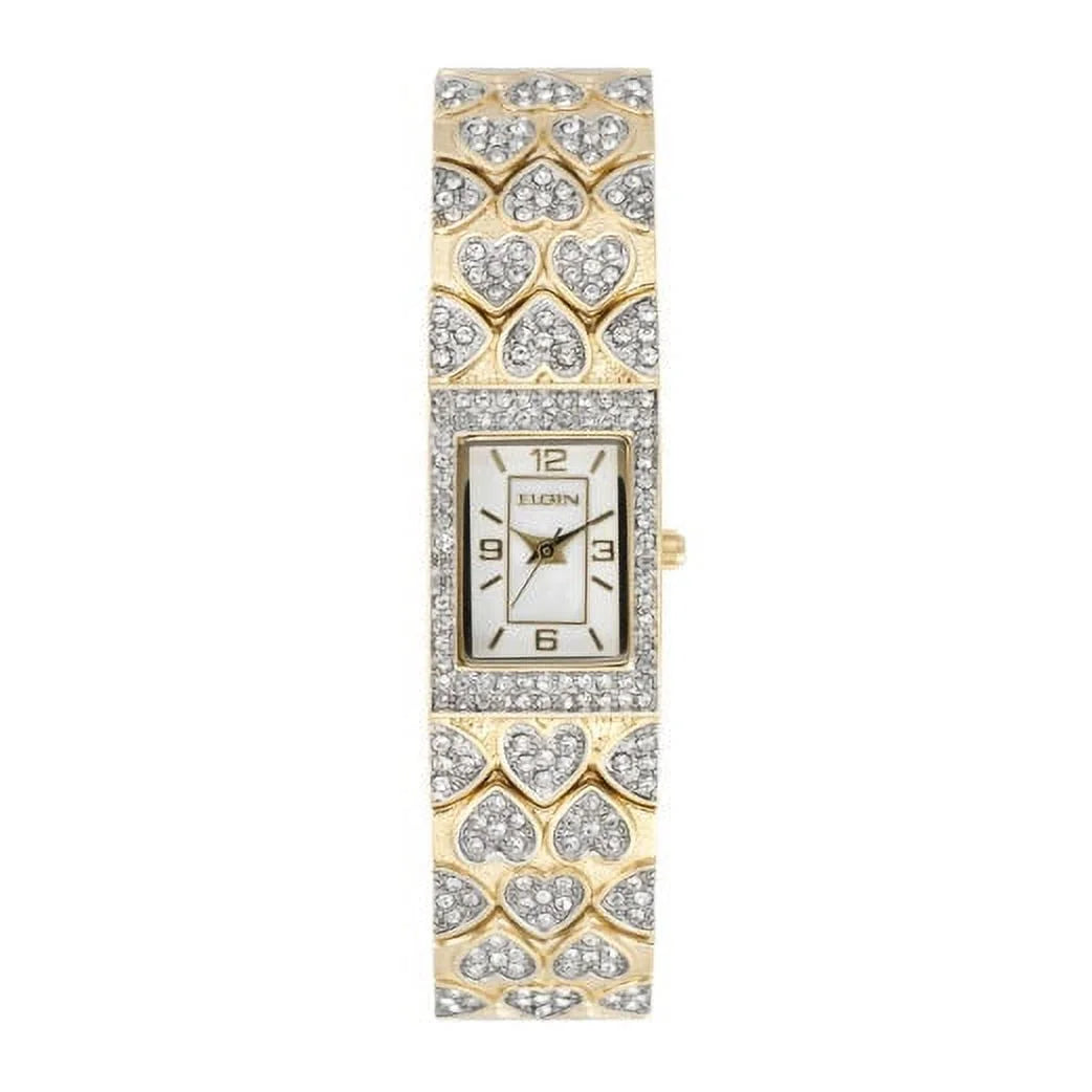 New Women Elgin Luxury Gold Tone Iced Out Sizetainless Sizeteel Hearts Bracelet Watch eg8012s