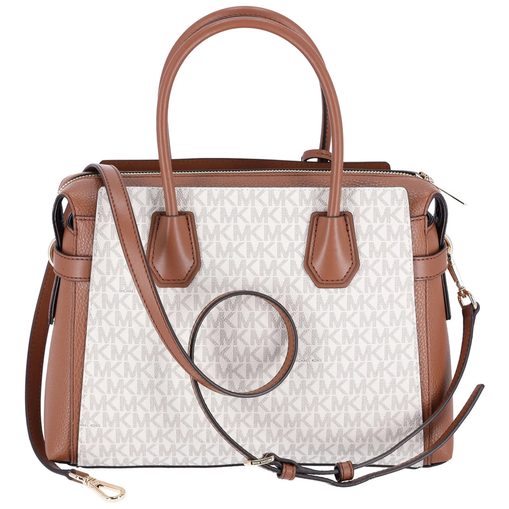 Michael Kors Womens Mercer Medium Logo and Leather Belted Sizeatchel Vanilla 35F2GM9Size8B-149