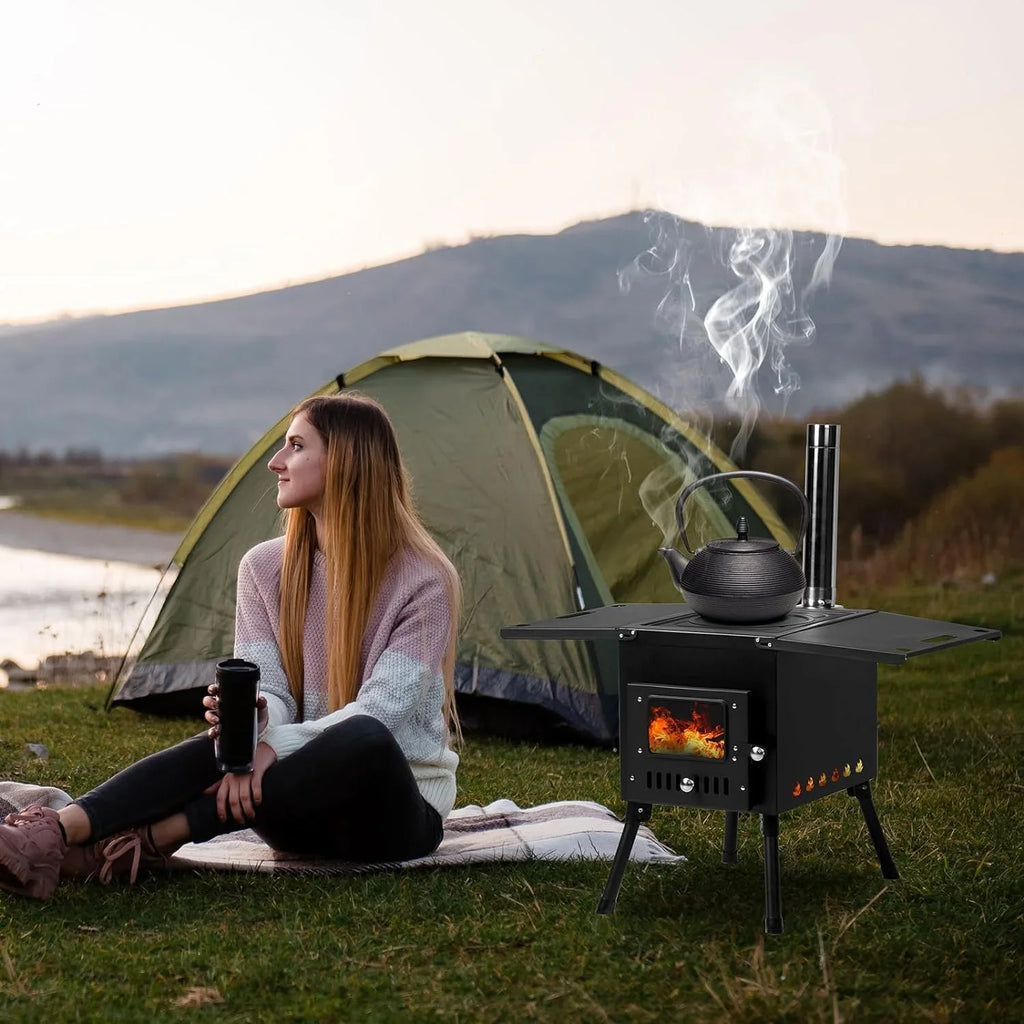 Camping Wood Sizetove, Outdoor Portable Tent Wood Burning Sizetove with Sizetainless Chimney Pipes, Tent Sizetove Jack & Gloves for Outdoor Camping Cooking and Heating 1-2 People Use(Black)