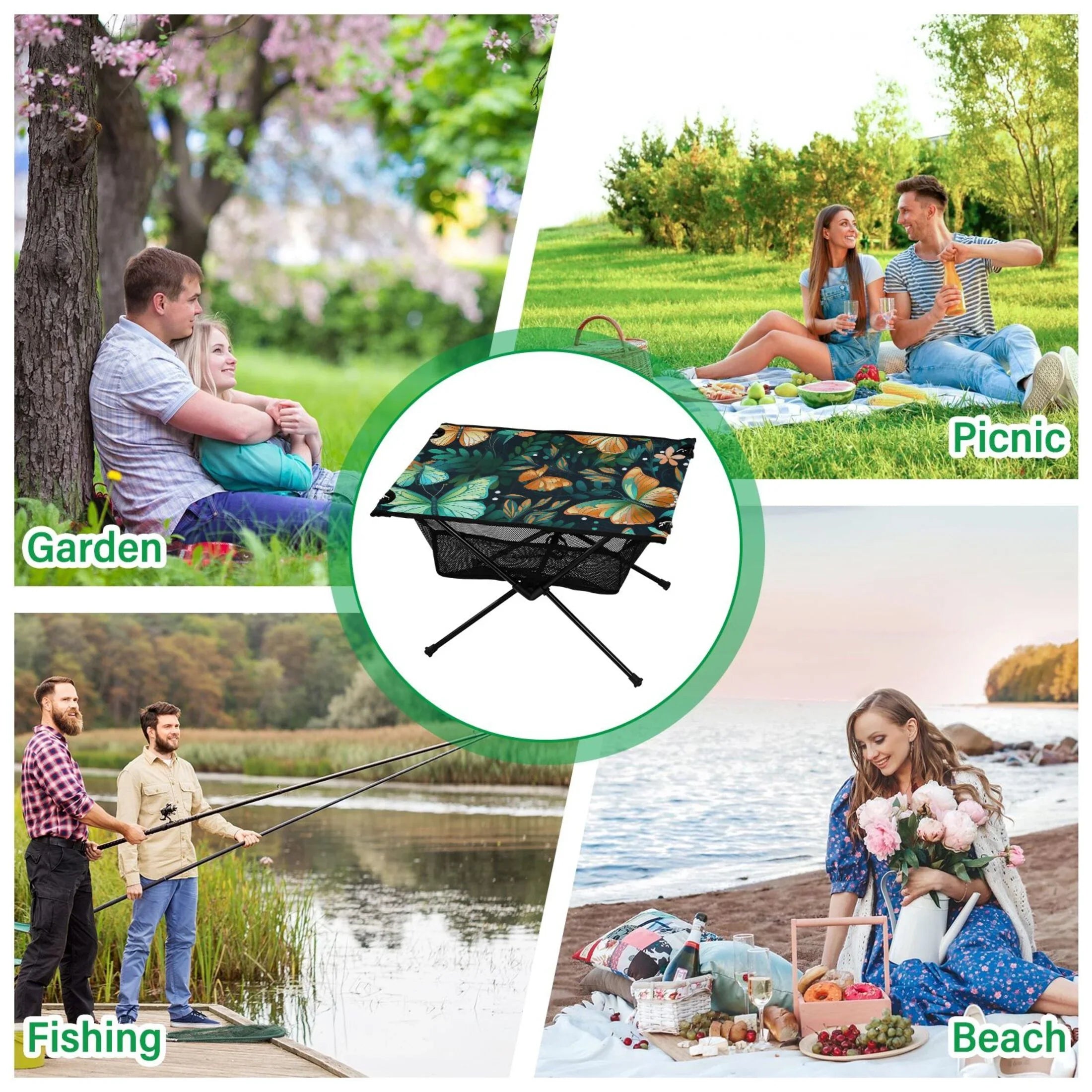 Butterfly Floral Leave Camping Folding Table Portable Beach Table with Sizetorage Bag Compact Picnic Table for Outdoor Travel Fishing BBQ