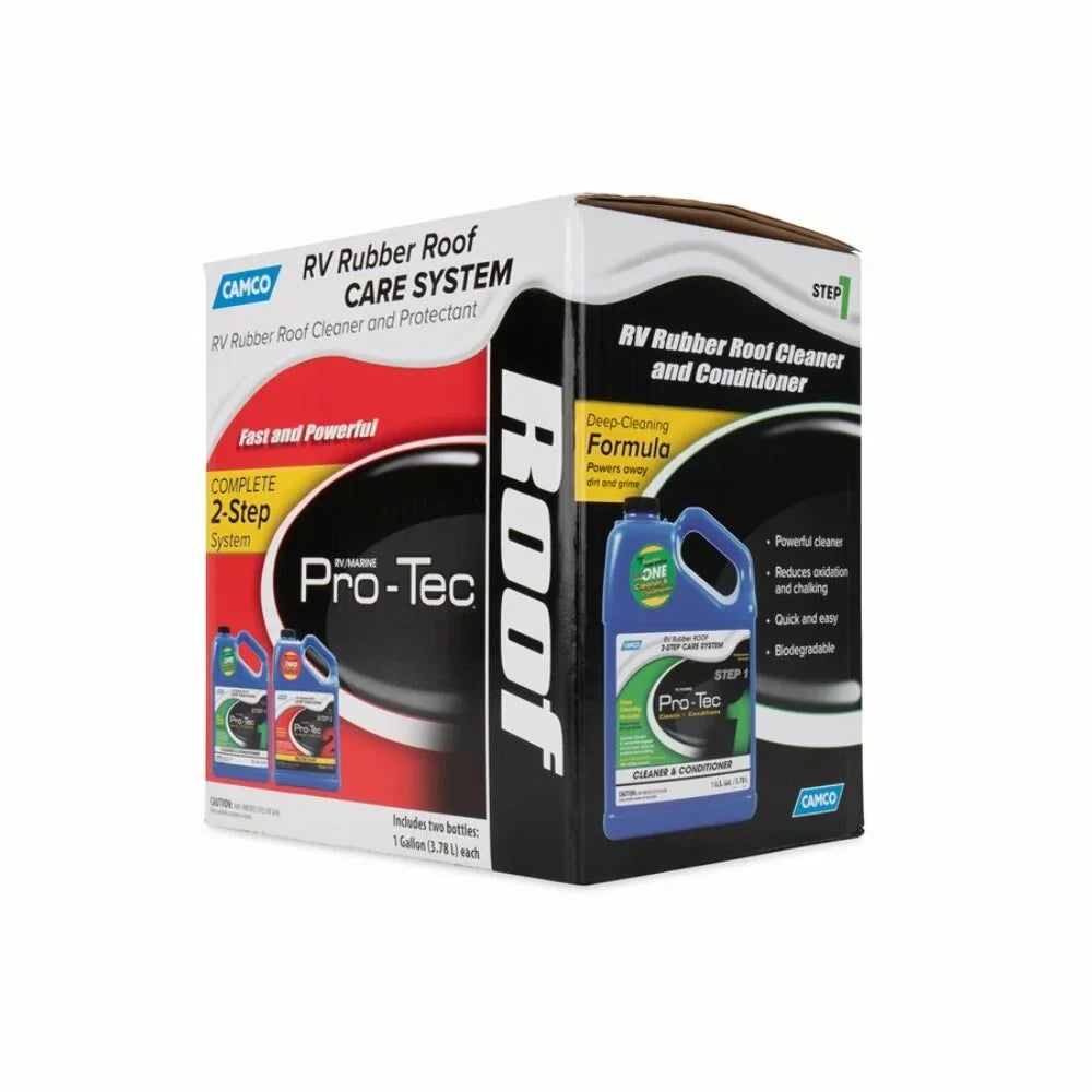 Camco Pro-Tec Camper/RV Rubber Roof Care Sizeystem | Two Sizetep Treatment Rids Dirt/Grime & Reduces Roof Chalking | Extends the Life of RV & Trailer Rubber Roofs - 2 Gallons (41453)