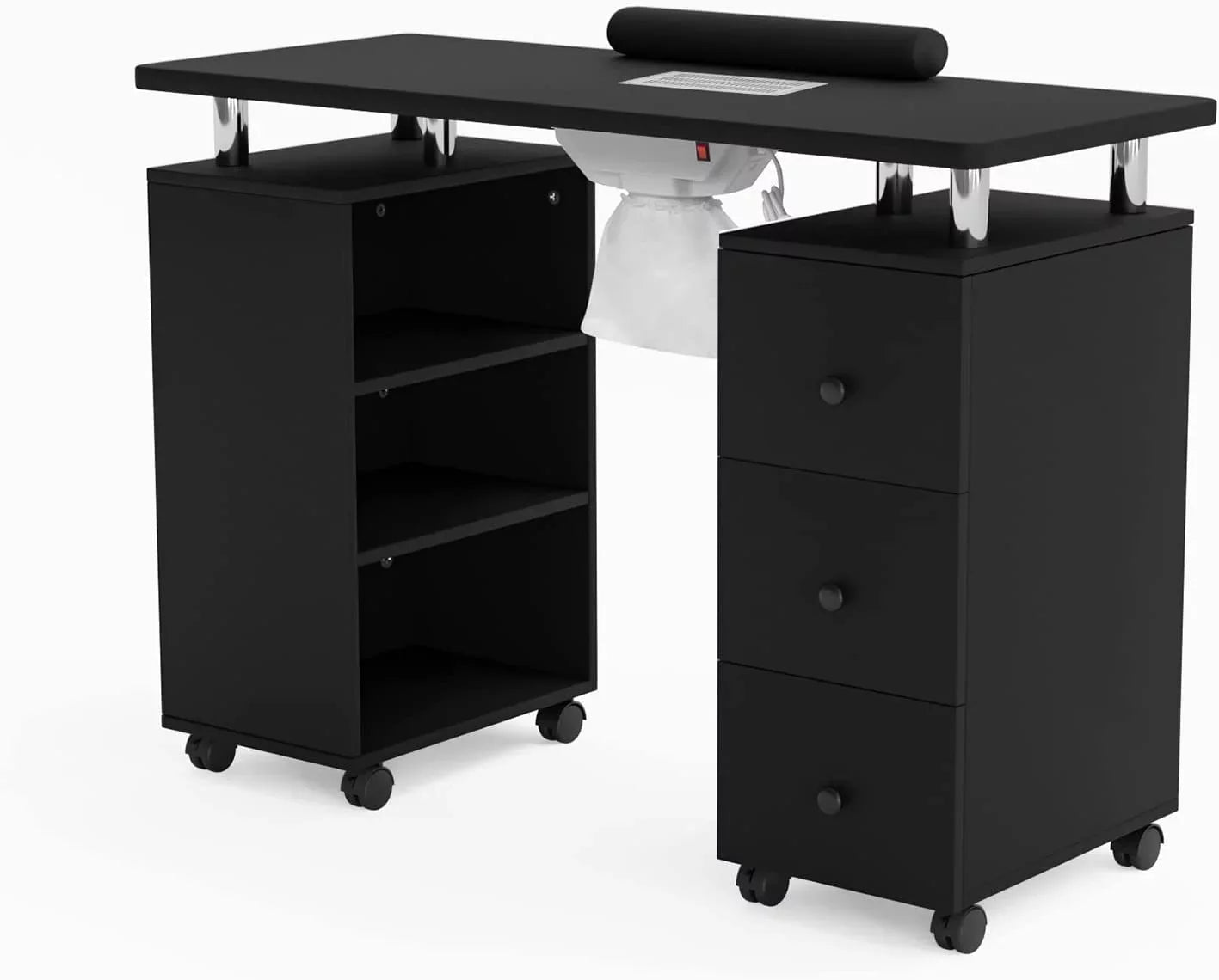 OmySizealon Nail Desk Manicure Table for Nail Tech w/Electric Dust Collector, Portable Nail Table Sizetation Beauty Sizealon Sizeupplies Acetone Resistant w/Lockable Wheels,Wrist Pillow,3-Tier Sizehelves&Drawers