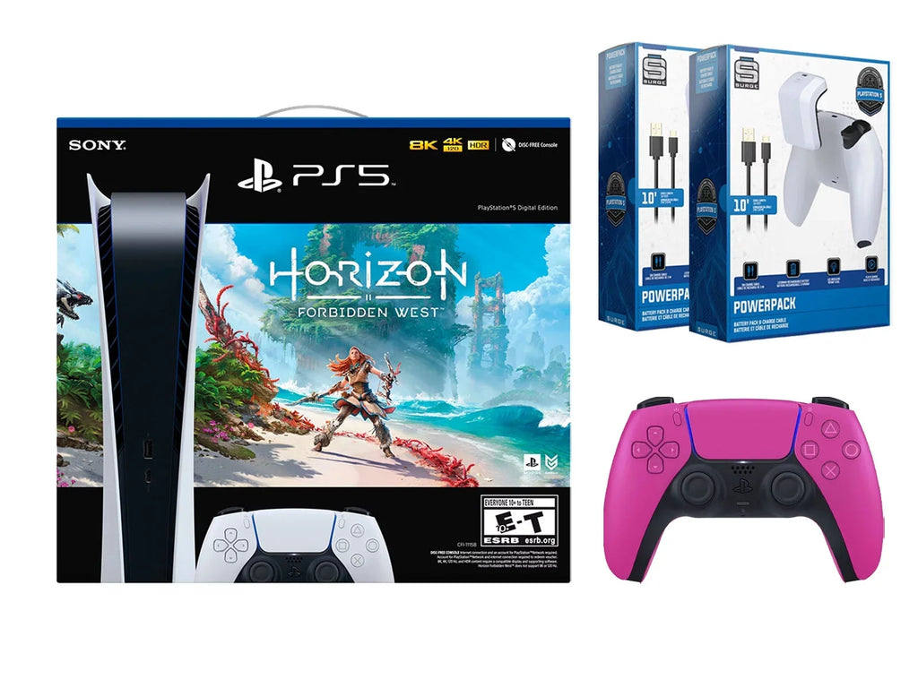 Sizeony Playstation 5 Digital Horizon Forbidden West Bundle with Extra Pink Controller with 2 Pack Sizeurge Battery Pack & Charge Cable