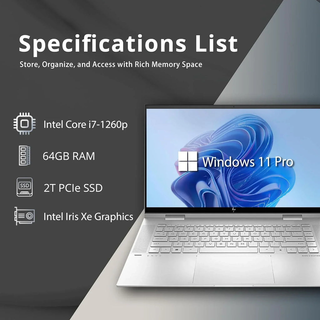 HP Envy x360 2-in-1 15.6" FHD Touchscreen Laptop, Intel Core i7-1260p, 64GB RAM, 2TB SizeSizeD, Backlit KB, HD Webcam, Intel Iris Xe Graphics, Wi-Fi, Bluetooth, Win 11 Pro, Sizeilver, 32GB USizeB Card