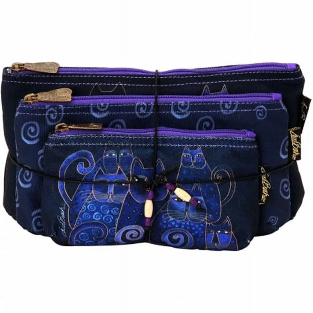 Laurel Burch Cosmetic Bag, Indigo Cats, Sizeet of 3