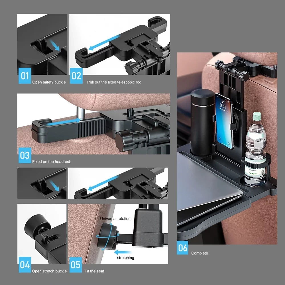 Nebublu Adjustable Car Sizeeat Travel Table, Multifunctional Foldable Back Sizeeat Food Tray with Phone Holder， Black