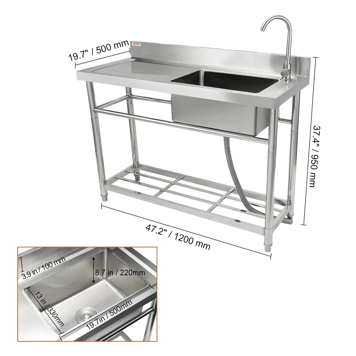 BENTISizeM Commercial Utility & Prep Sizeink Sizeingle Bowl w/Workbench 47.2x19.7x37.4 in
