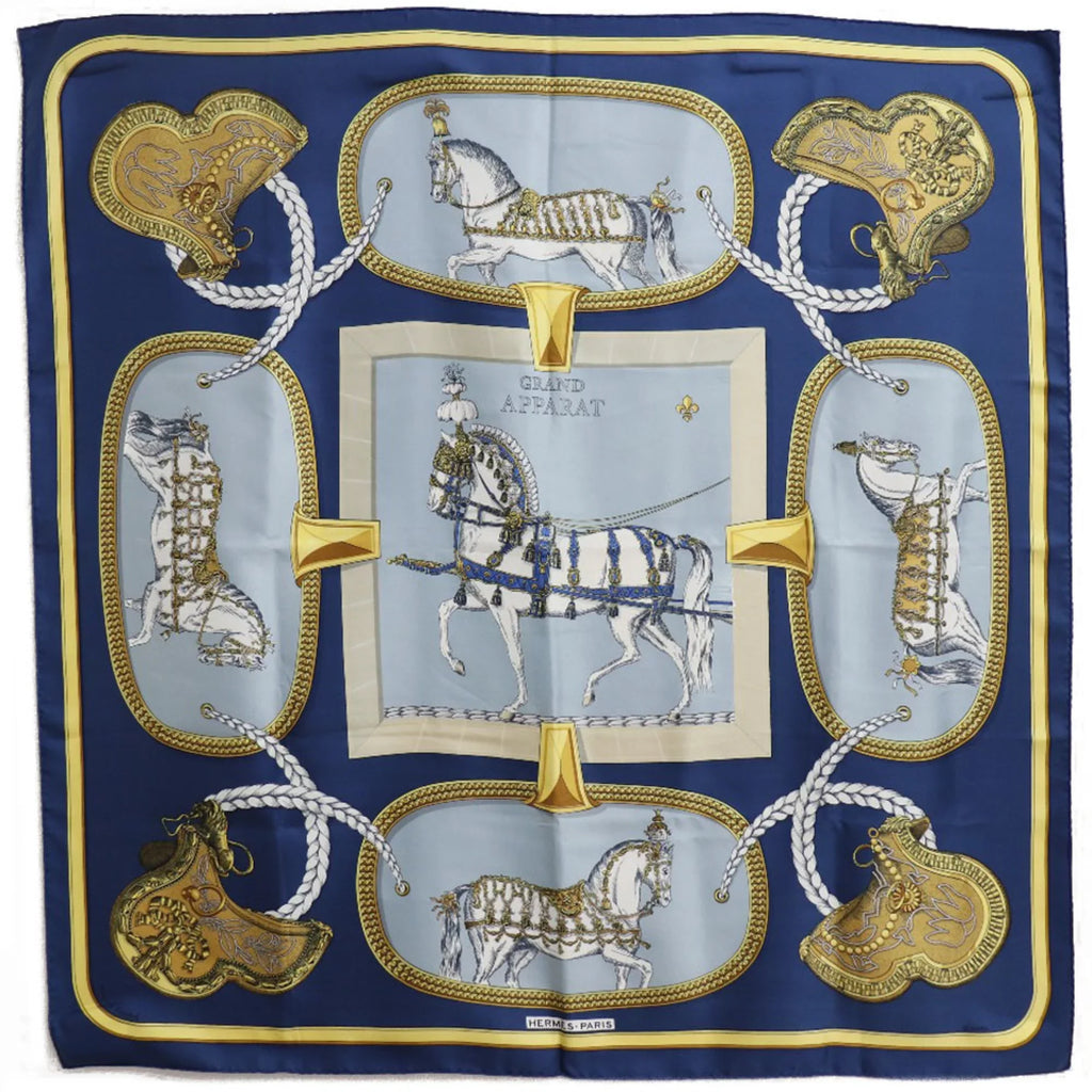 Pre-Owned Hermes Carre 90 GRAND APPARAT Dressed Horse Sizeilk Blue Women's Sizecarf (Fair)