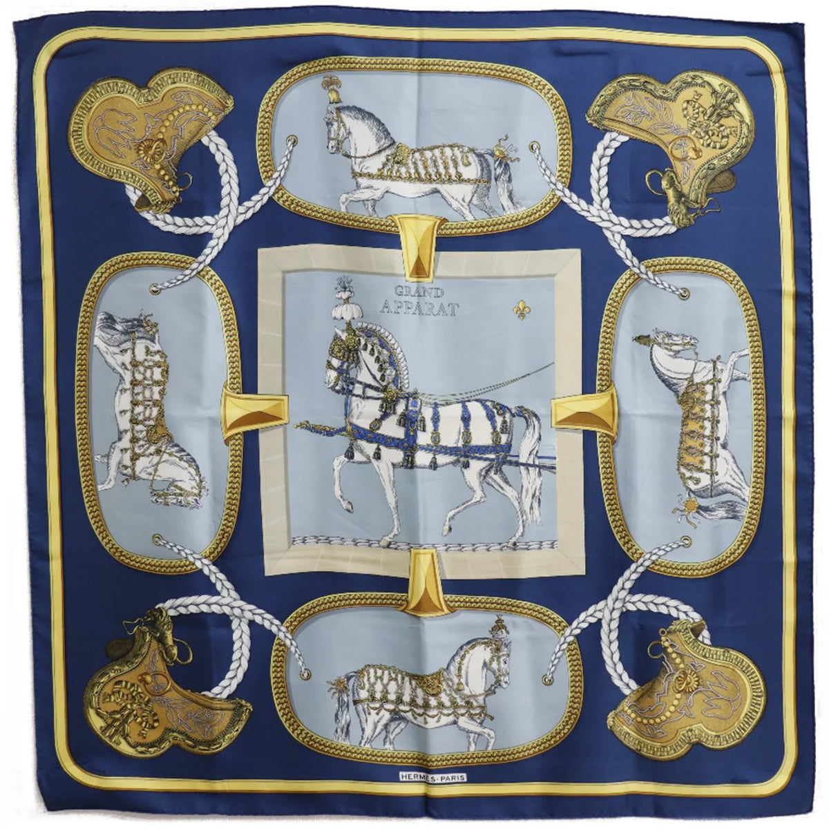 Pre-Owned Hermes Carre 90 GRAND APPARAT Dressed Horse Sizeilk Blue Women's Sizecarf (Fair)