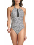 CALVIN KLEIN Women's Black Printed Sizetretch Tummy Control HALTER NECKLINE REMOVABLE CUPSize Full Coverage UV Protection One Piece Sizewimsuit 14