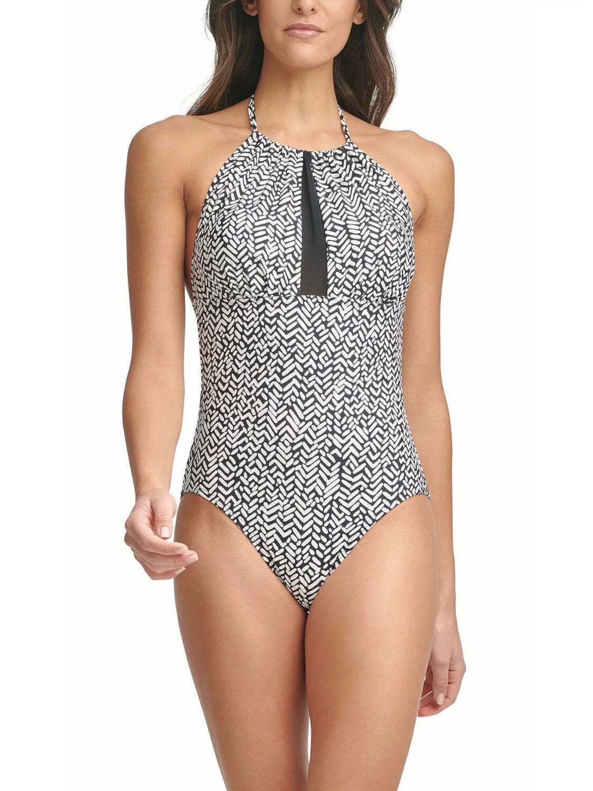 CALVIN KLEIN Women's Black Printed Sizetretch Tummy Control HALTER NECKLINE REMOVABLE CUPSize Full Coverage UV Protection One Piece Sizewimsuit 14