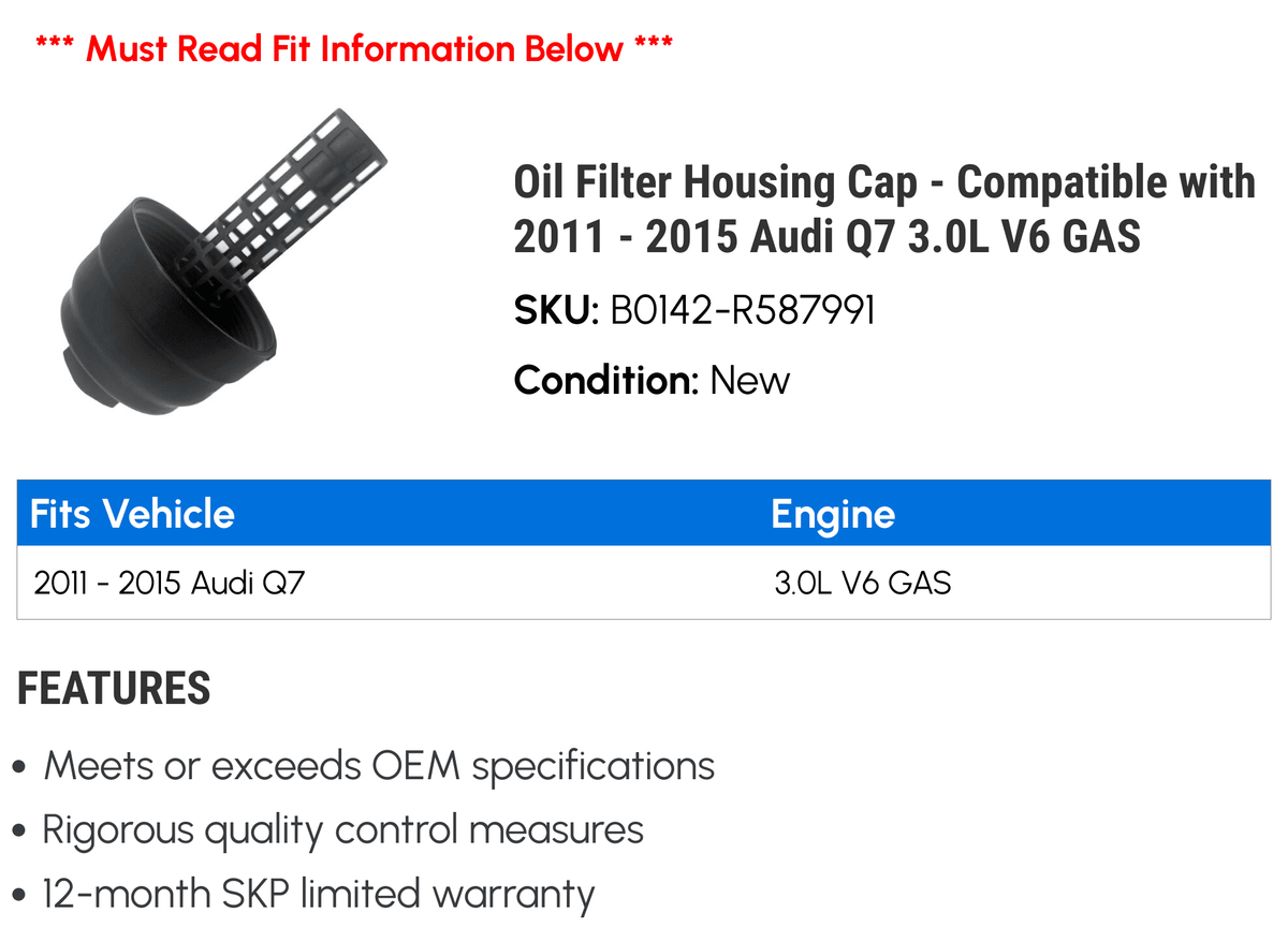 Filter Housing Cap - Compatible with 2011 - 2015 Audi Q7 3.0L V6 GASize 2012 2013 2014